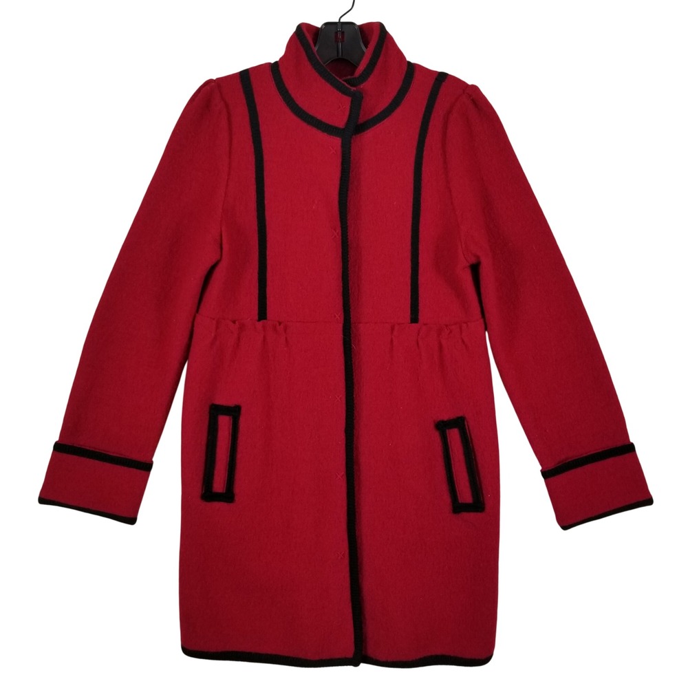 Luii Red Boiled Wool Coat Black Contrast Trim Mock Neck Mid Length Womens Size M
